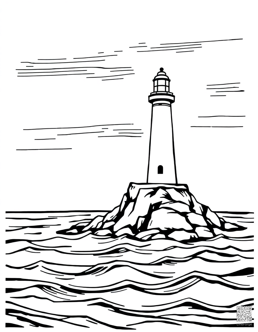 ocean scene with lighthouse on the shore coloring page Woodcut style - free printable