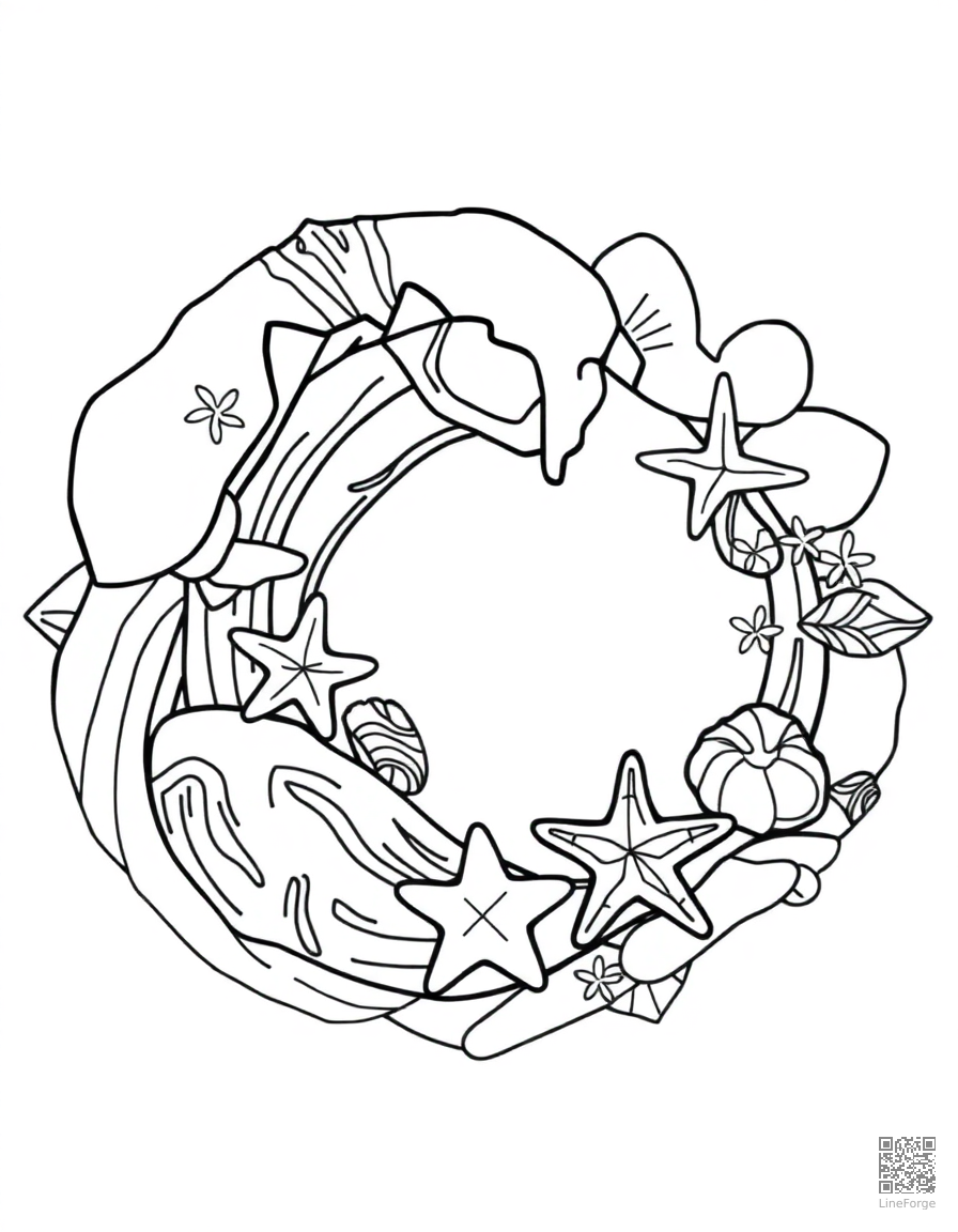 ocean wave mandala with shells and starfish coloring page Contour style - free printable