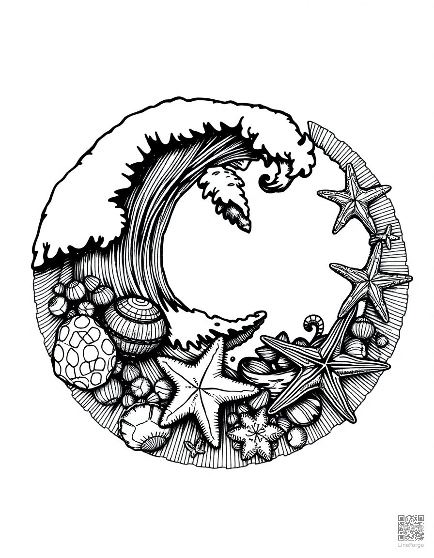 ocean wave mandala with shells and starfish coloring page Crosshatch style - free printable