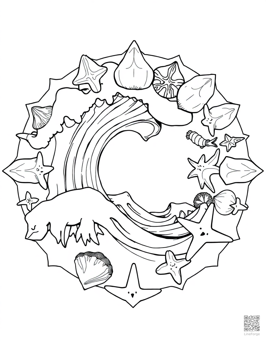 ocean wave mandala with shells and starfish coloring page Manga style - free printable