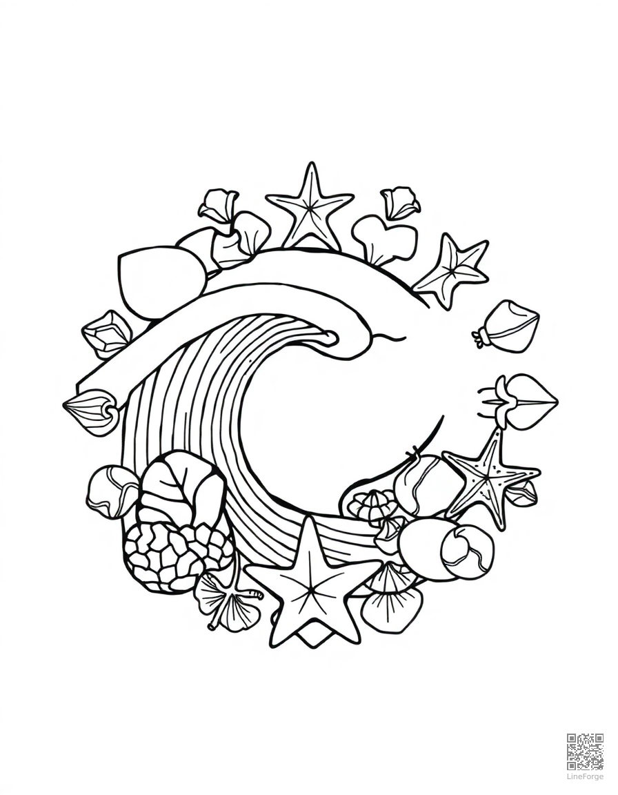 ocean wave mandala with shells and starfish coloring page Minimal style - free printable