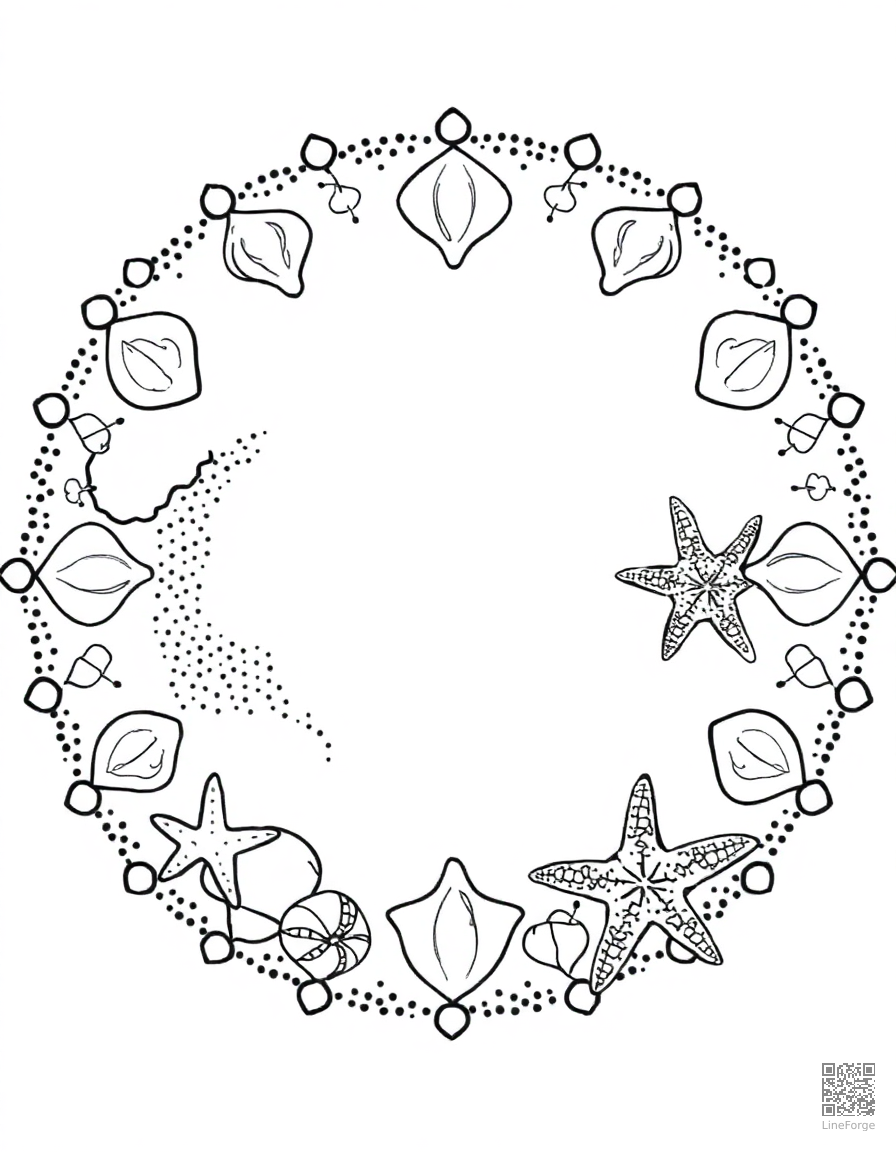 ocean wave mandala with shells and starfish coloring page Stipple style - free printable