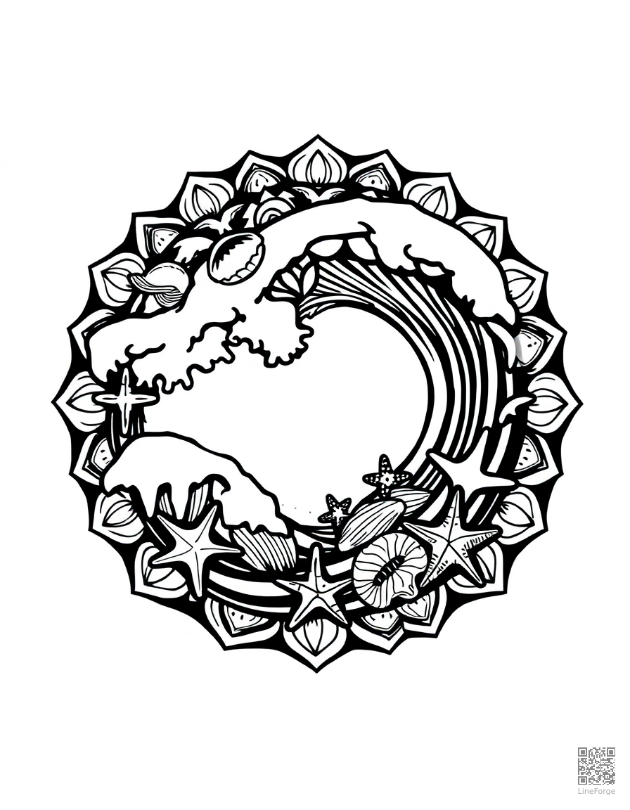 ocean wave mandala with shells and starfish coloring page Woodcut style - free printable