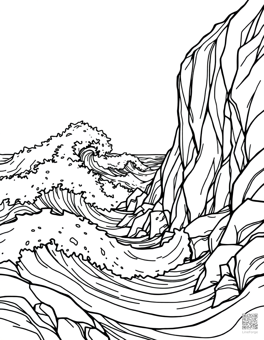 ocean waves crashing on rocky cliffs coloring page Contour style free printable