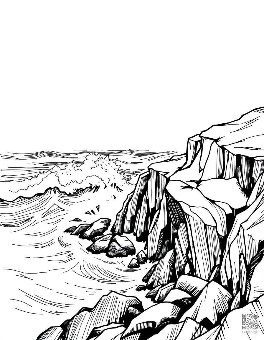 ocean waves crashing on rocky cliffs coloring page Crosshatch style free printable