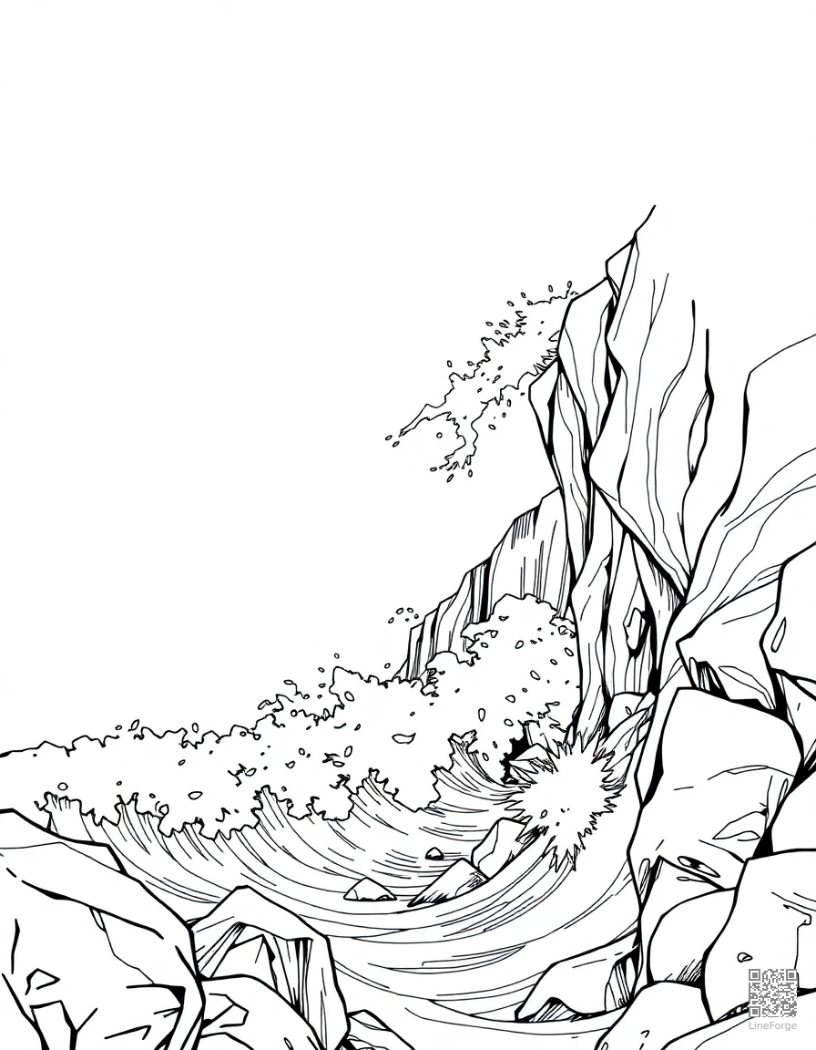 ocean waves crashing on rocky cliffs coloring page Manga style free printable