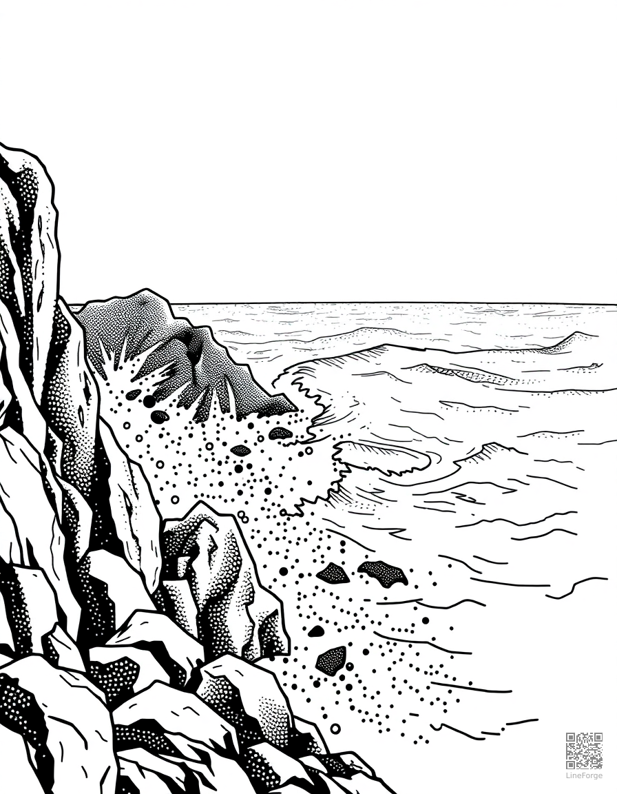 ocean waves crashing on rocky cliffs coloring page Stipple style free printable