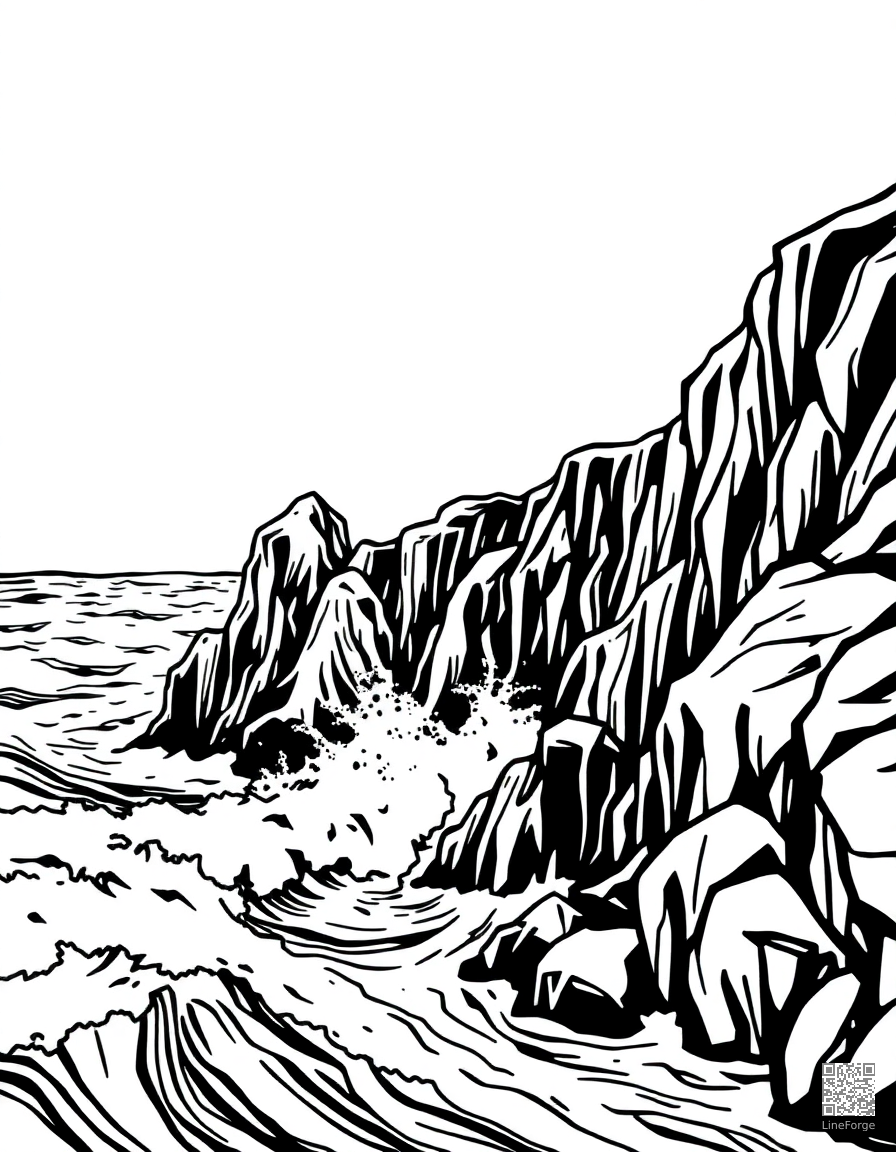 Free ocean waves crashing on rocky cliffs coloring page in woodcut style — printable line art