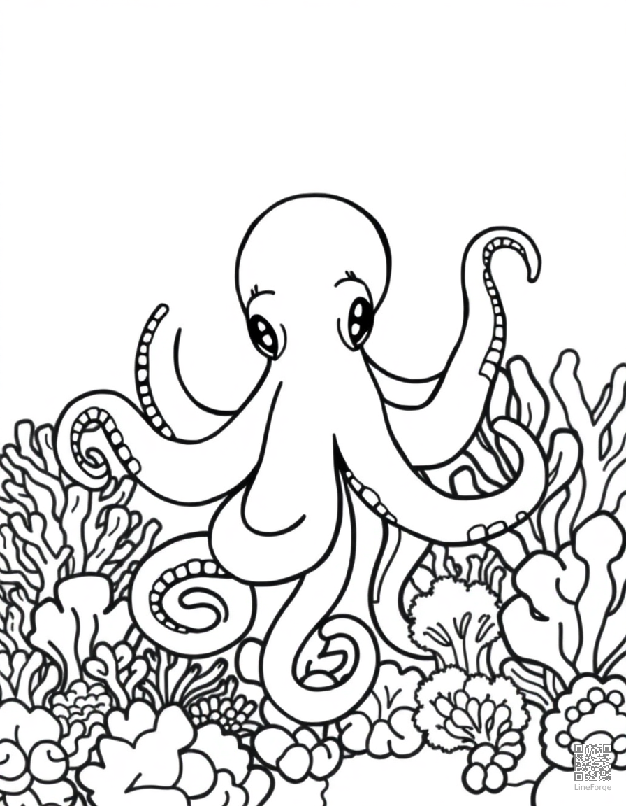 octopus hiding among colorful coral coloring page Contour style - free printable