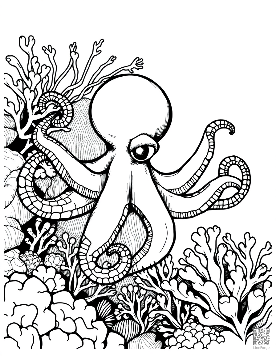 octopus hiding among colorful coral coloring page Crosshatch style - free printable