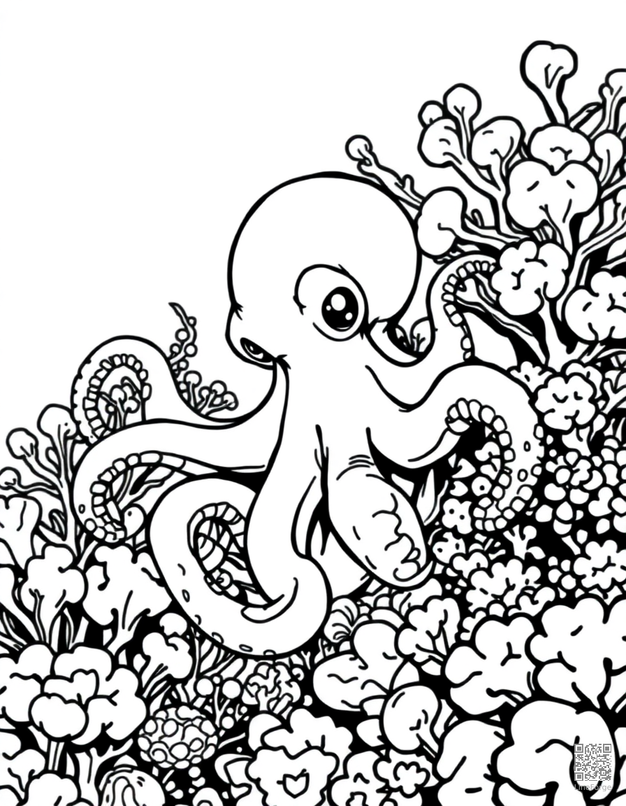 octopus hiding among colorful coral coloring page Manga style - free printable