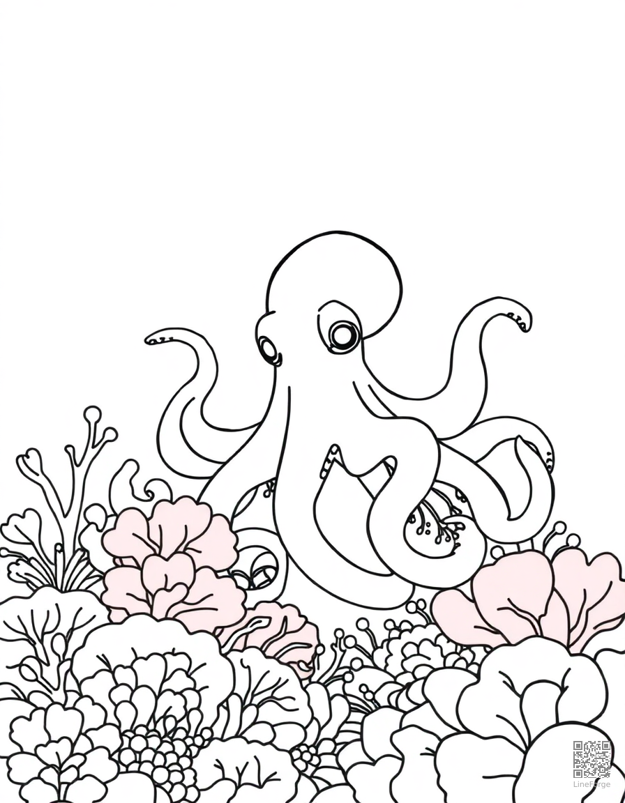 octopus hiding among colorful coral coloring page Minimal style - free printable