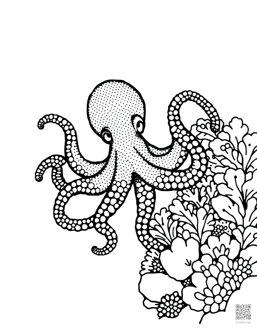 octopus hiding among colorful coral coloring page Stipple style - free printable