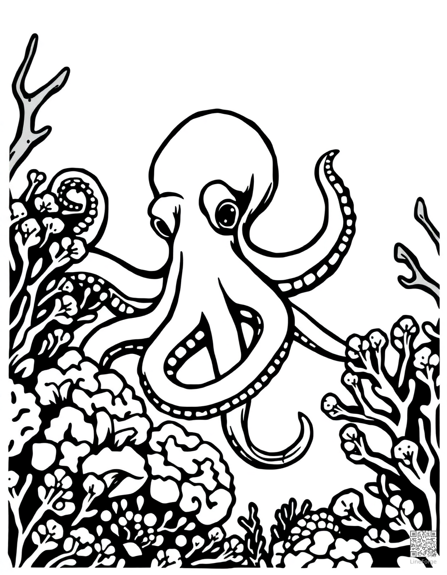 octopus hiding among colorful coral coloring page Woodcut style - free printable