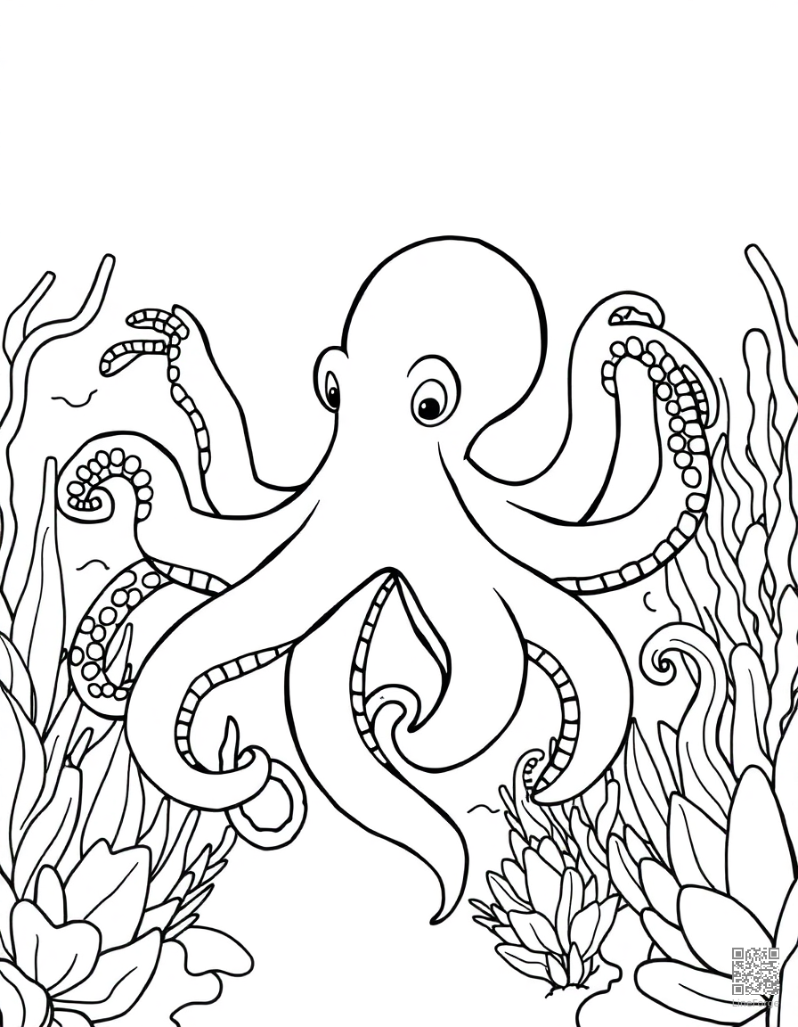 Free octopus in an underwater garden coloring page in contour style — printable line art