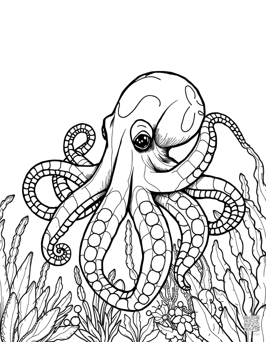 Free octopus in an underwater garden coloring page in crosshatch style — printable line art