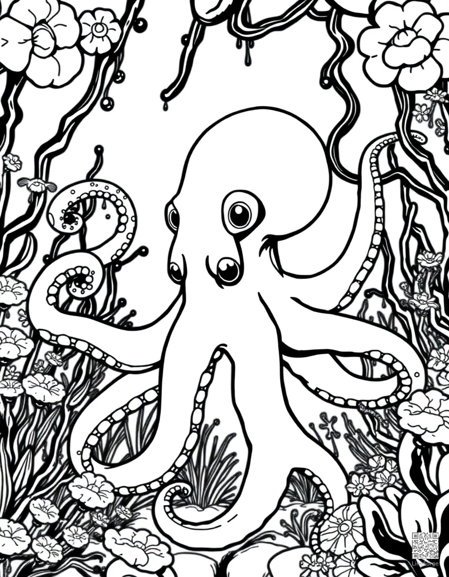 Free octopus in an underwater garden coloring page in manga style — printable line art