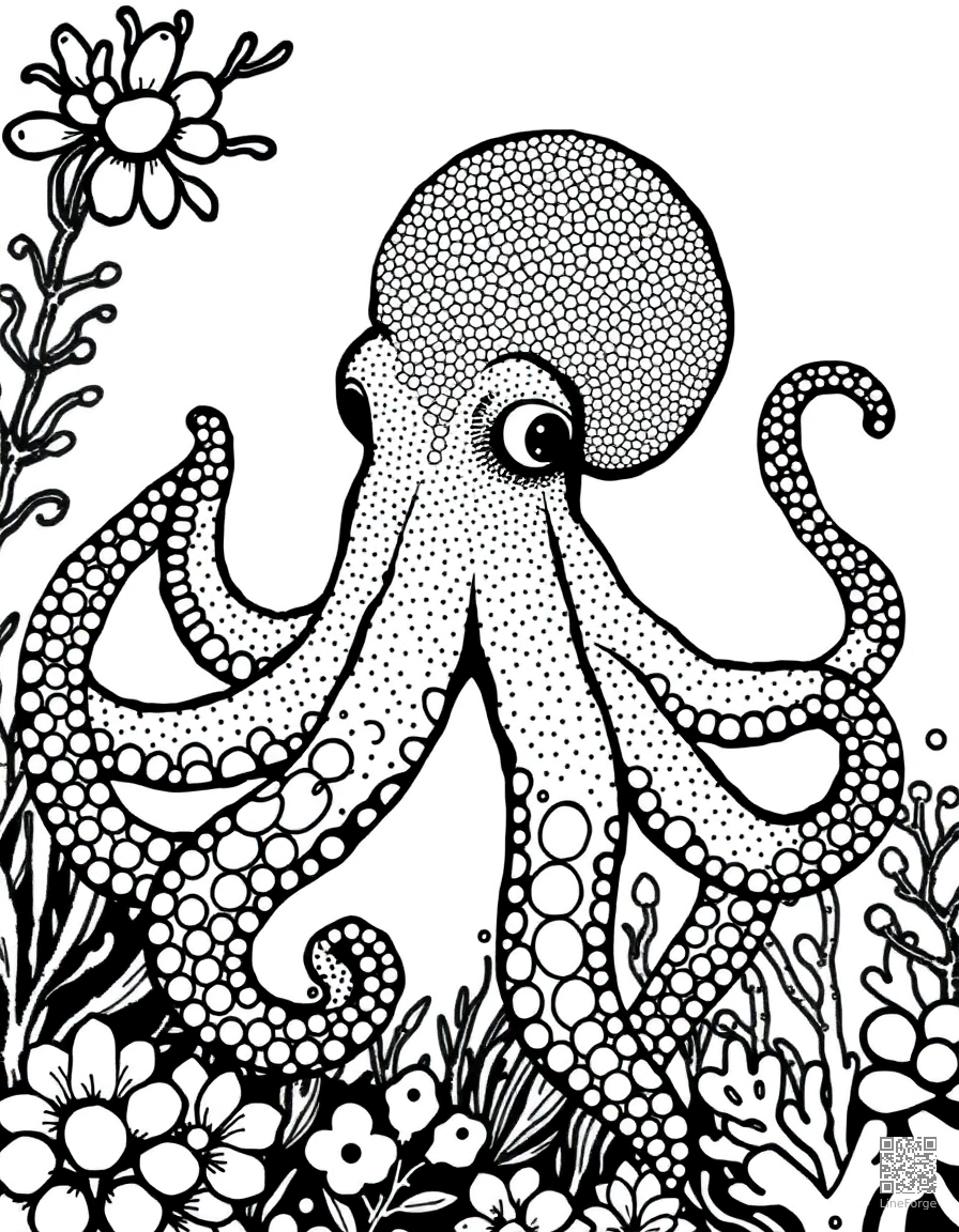 Free octopus in an underwater garden coloring page in stipple style — printable line art