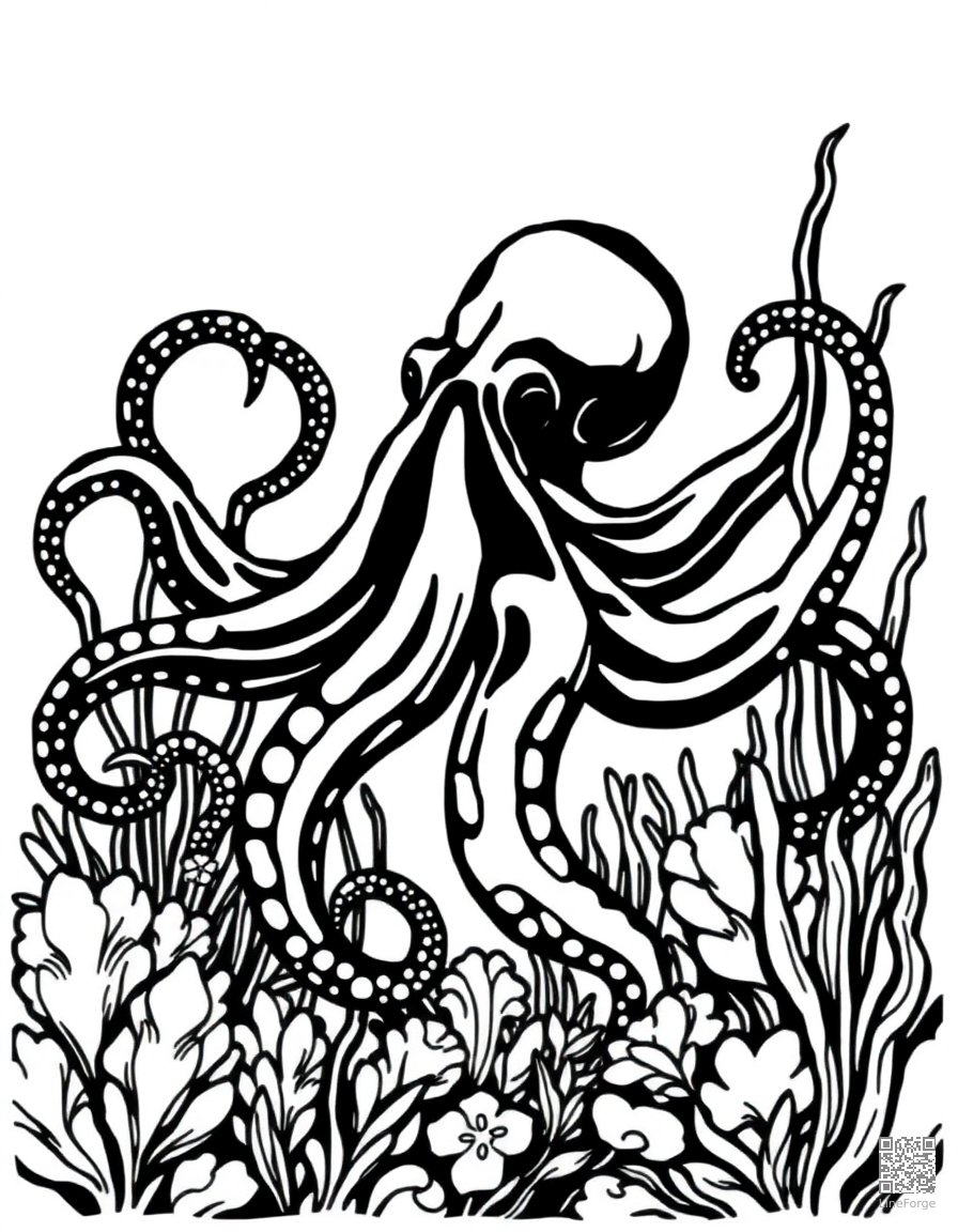 Free octopus in an underwater garden coloring page in woodcut style — printable line art