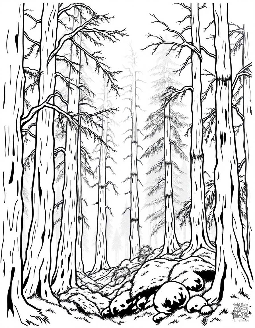 Free old growth forest with moss covered trees coloring page in contour style — printable line art