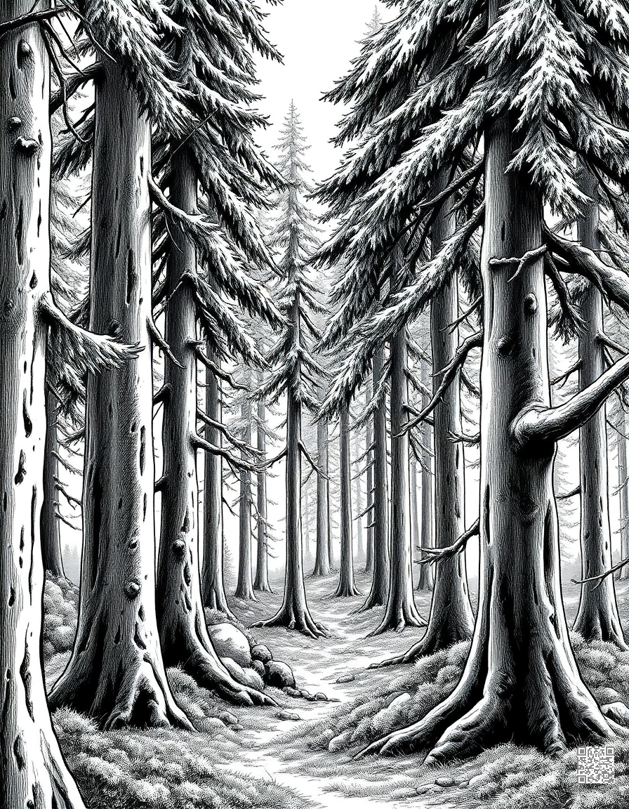 Free old growth forest with moss covered trees coloring page in crosshatch style — printable line art