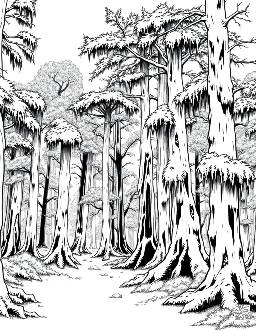 Free old growth forest with moss covered trees coloring page in manga style — printable line art