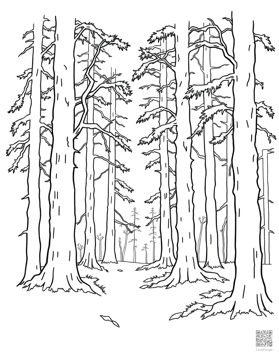 Free old growth forest with moss covered trees coloring page in minimal style — printable line art