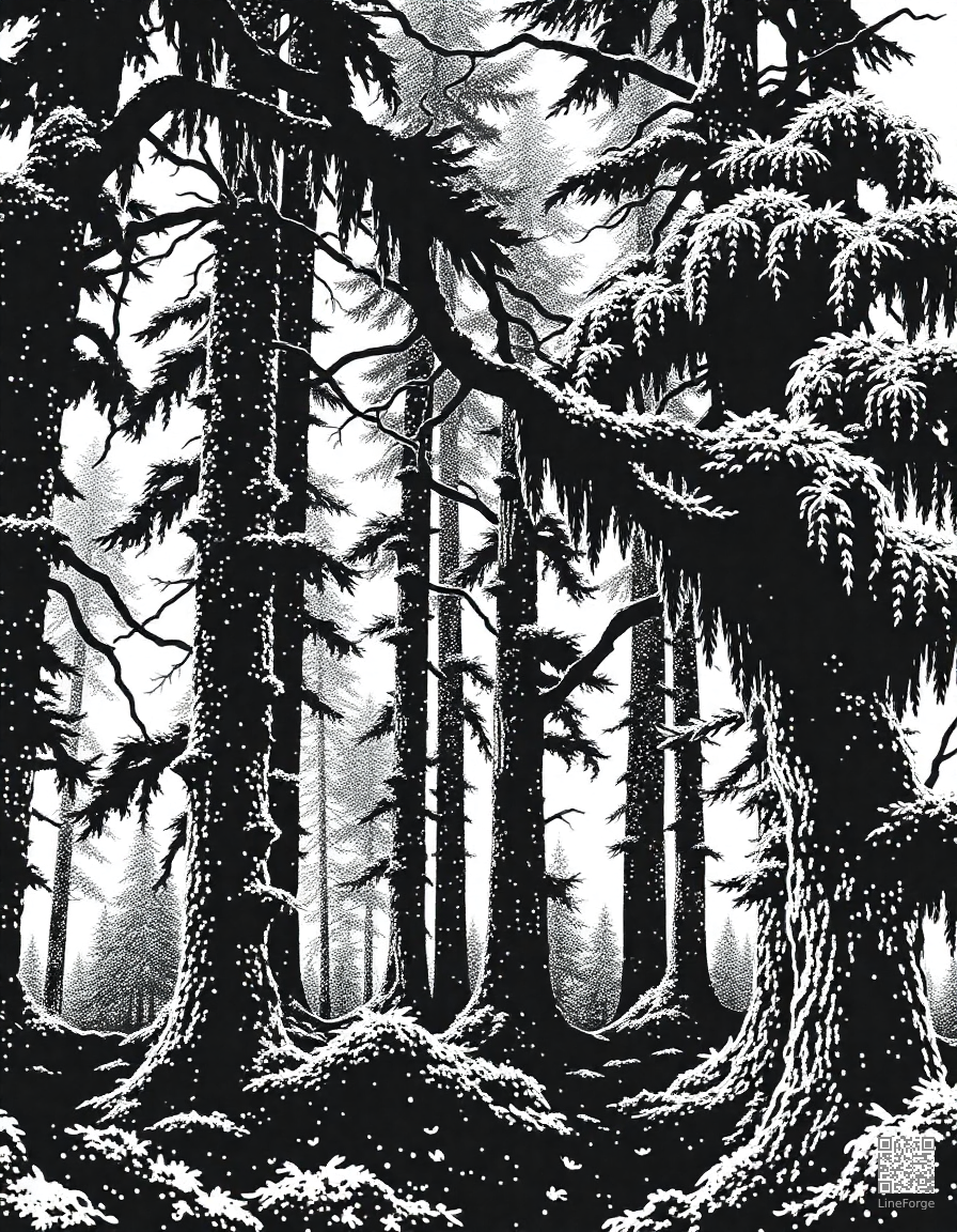 Free old growth forest with moss covered trees coloring page in stipple style — printable line art