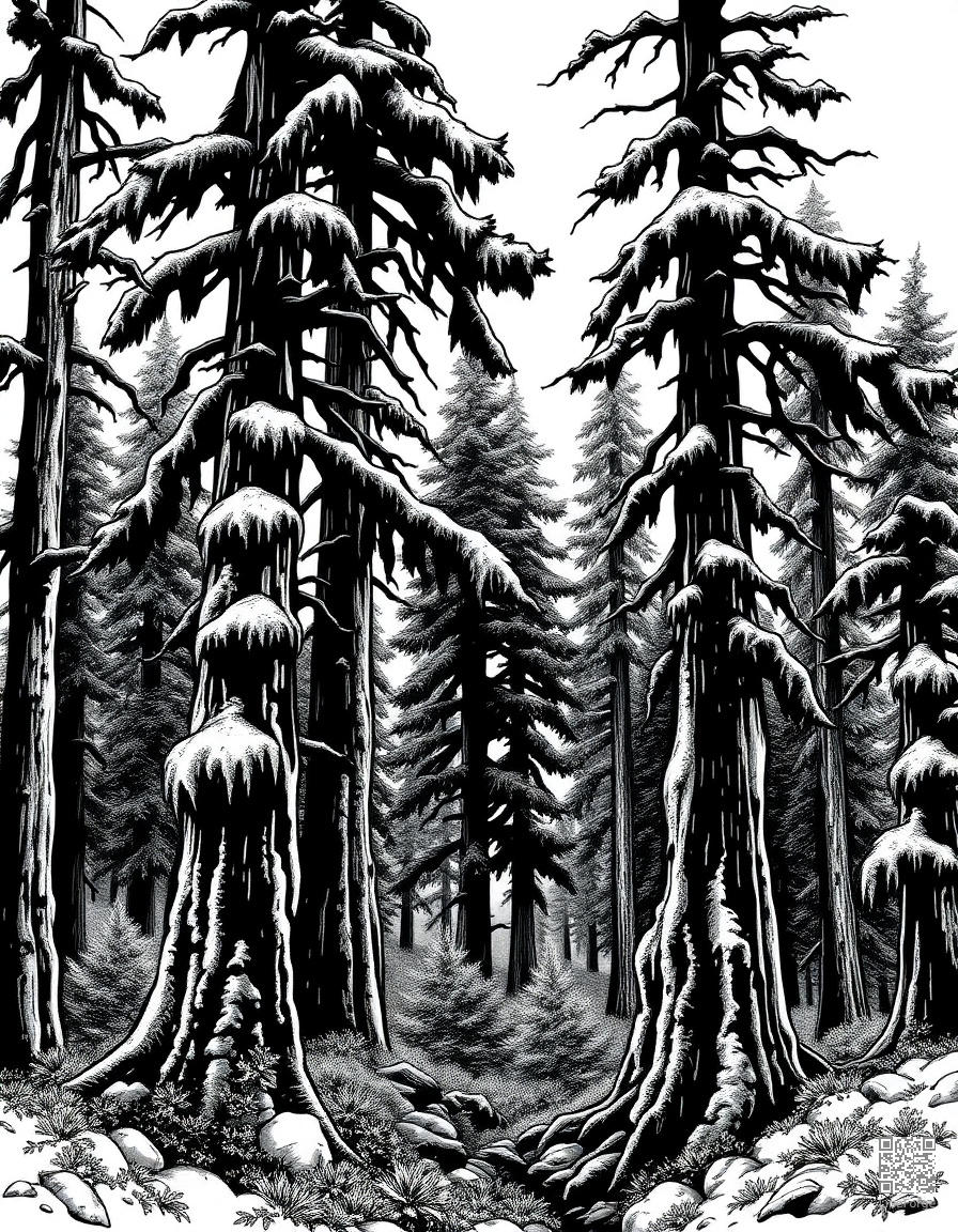 Free old growth forest with moss covered trees coloring page in woodcut style — printable line art