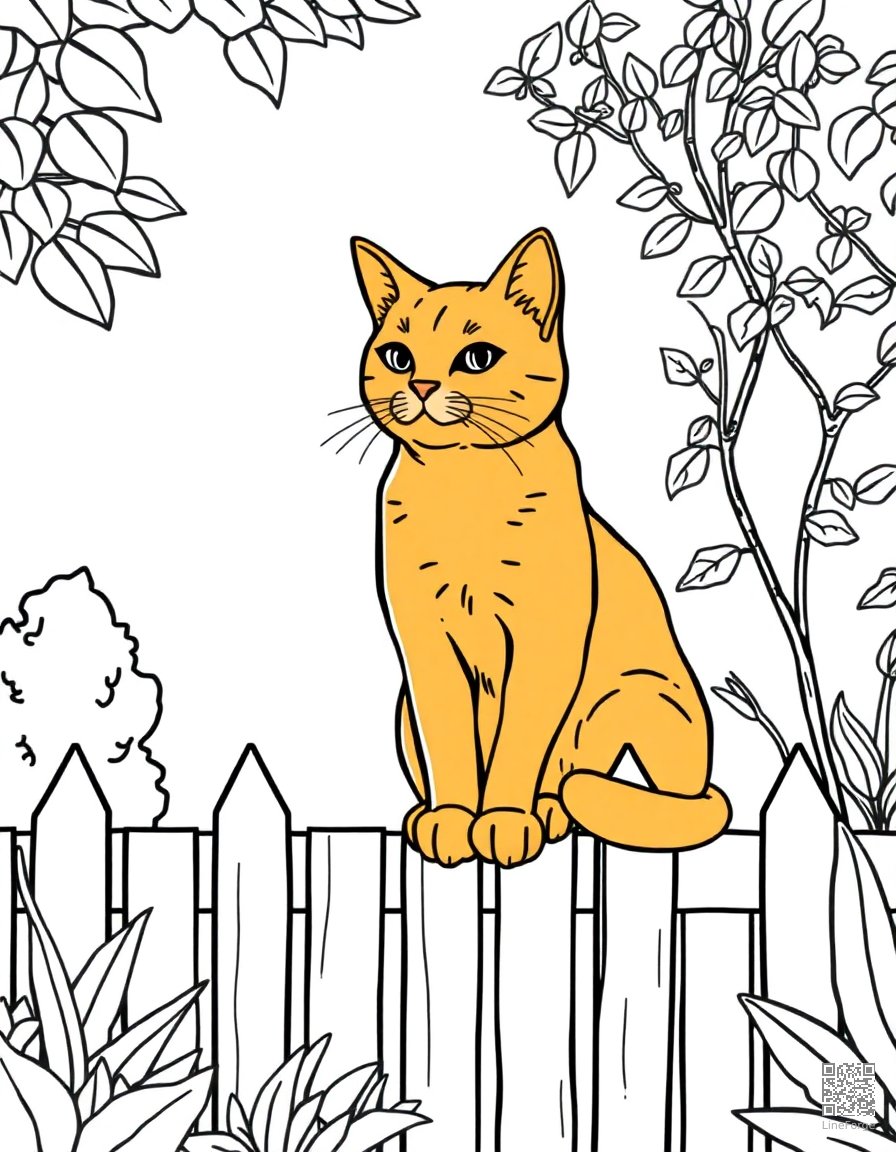 Free orange tabby cat sitting on a garden fence coloring page in contour style — printable line art