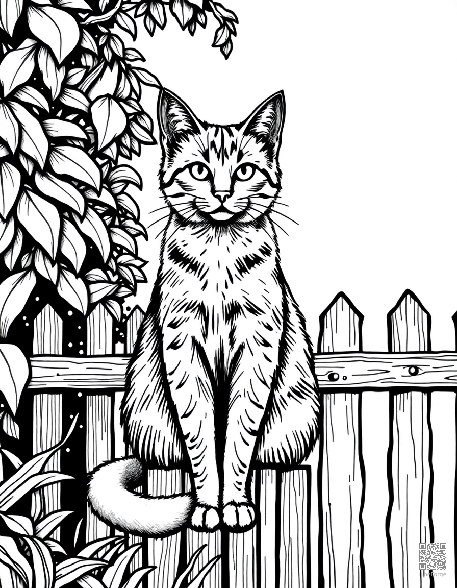 Free orange tabby cat sitting on a garden fence coloring page in crosshatch style — printable line art