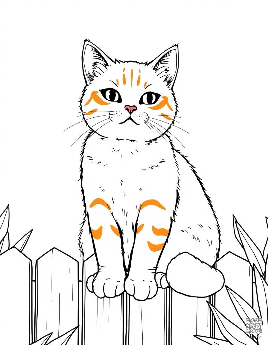 Free orange tabby cat sitting on a garden fence coloring page in manga style — printable line art