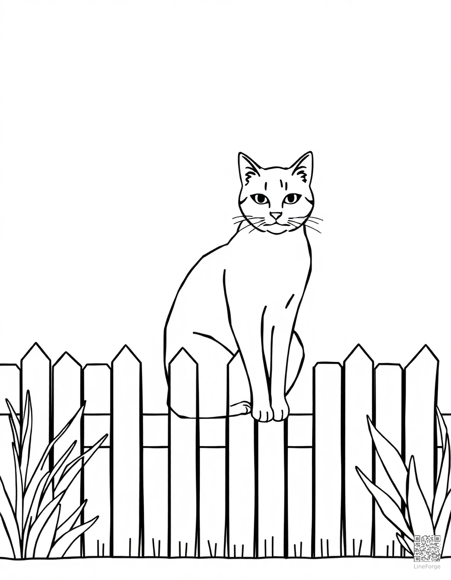 Free orange tabby cat sitting on a garden fence coloring page in minimal style — printable line art