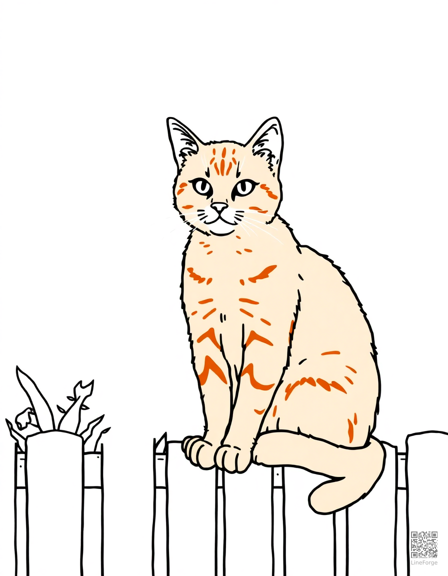 Free orange tabby cat sitting on a garden fence coloring page in stipple style — printable line art