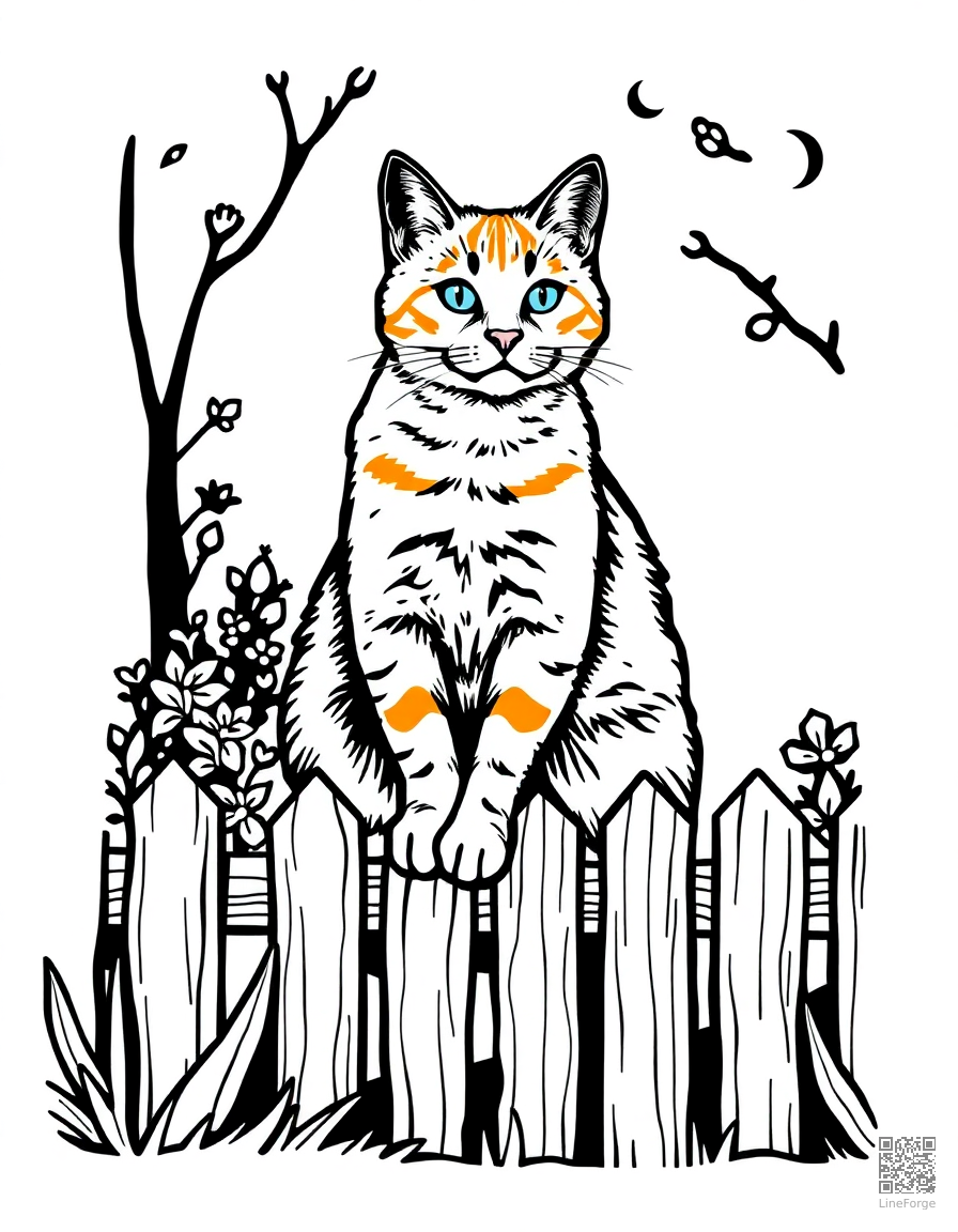 Free orange tabby cat sitting on a garden fence coloring page in woodcut style — printable line art