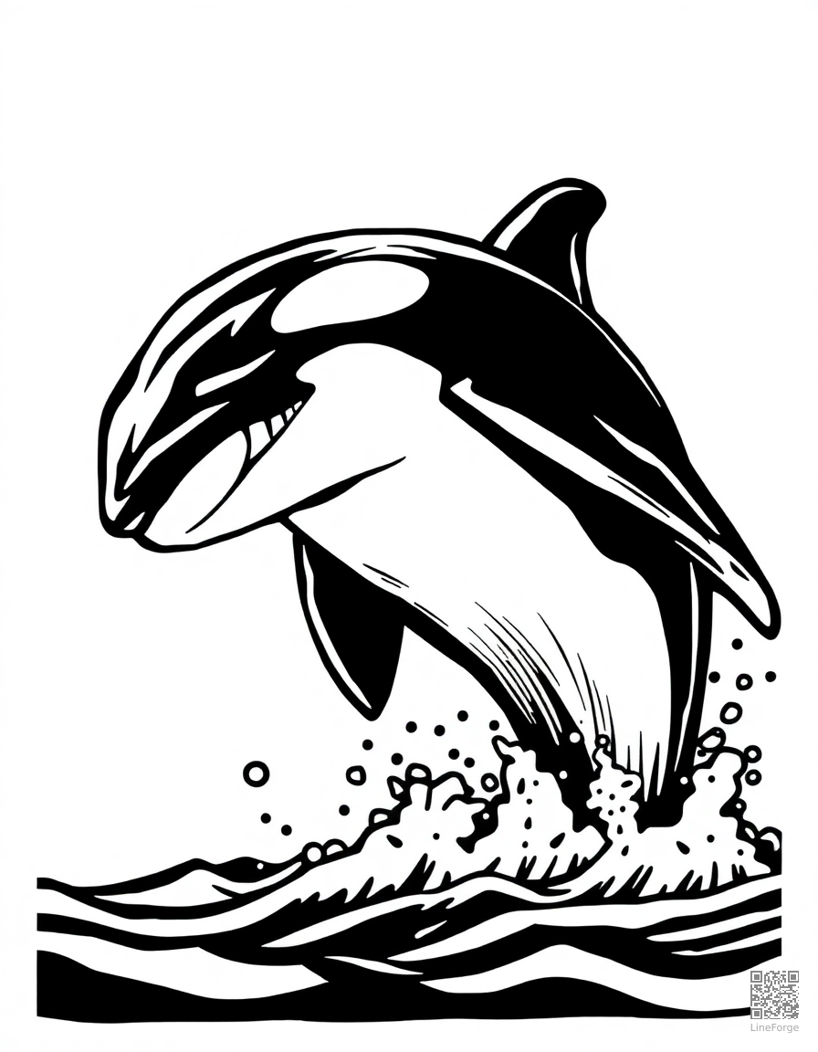 orca whale breaching the surface coloring page Woodcut style - free printable