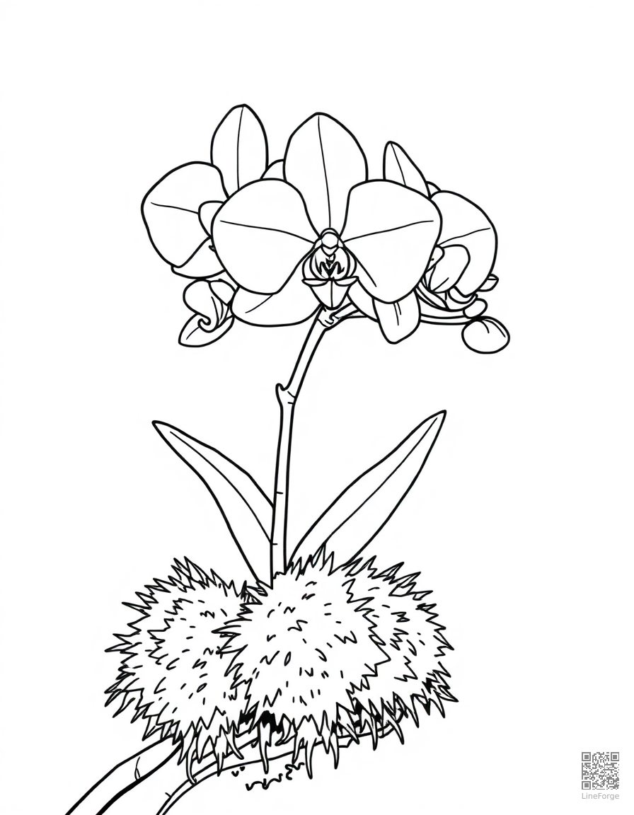 orchid growing on a mossy branch coloring page Contour style - free printable