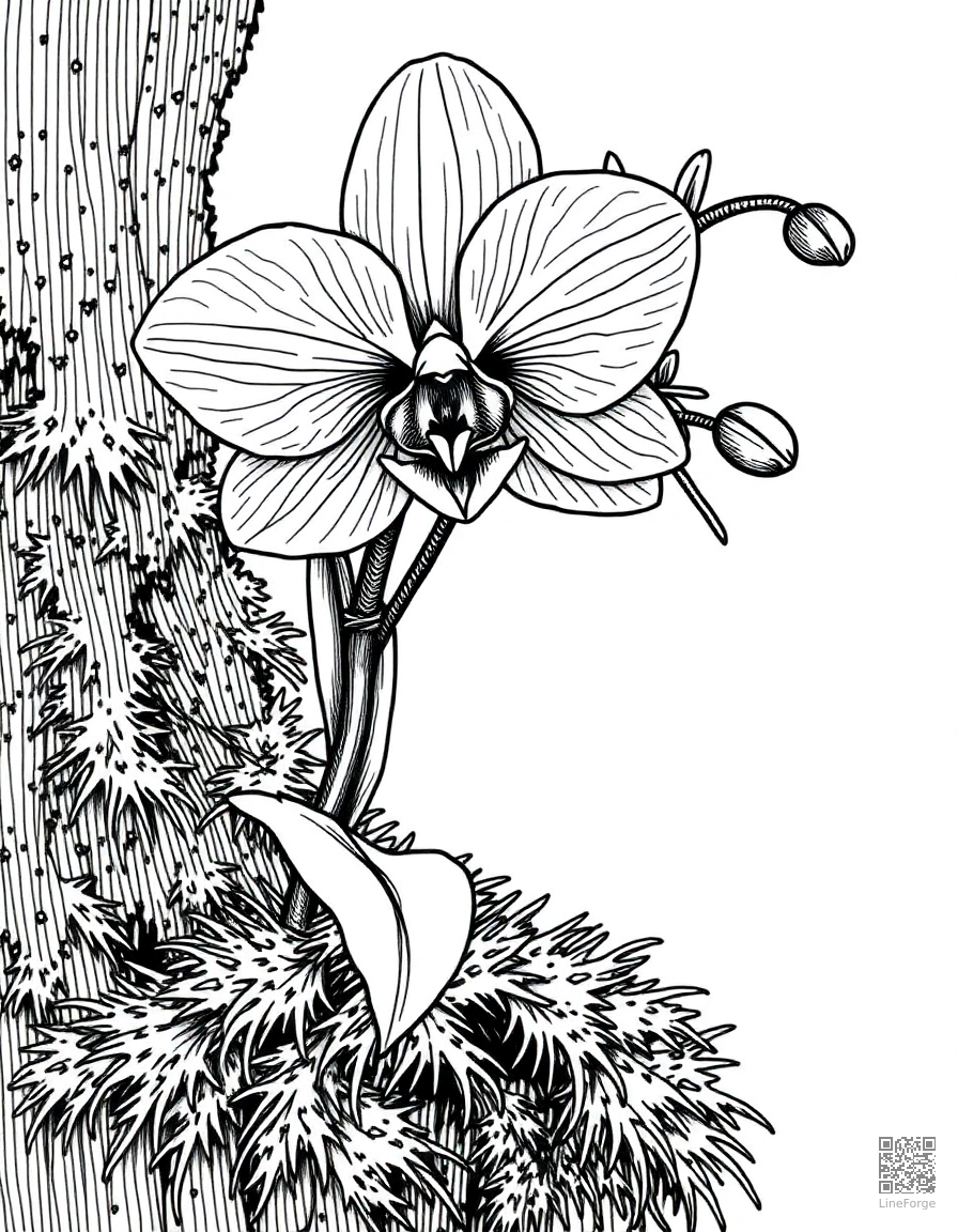 orchid growing on a mossy branch coloring page Crosshatch style - free printable