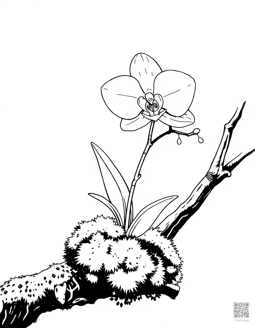 orchid growing on a mossy branch coloring page Manga style - free printable