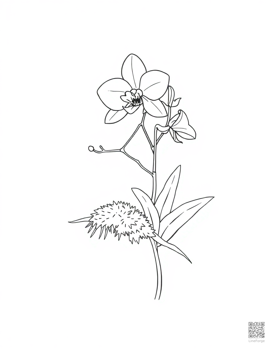orchid growing on a mossy branch coloring page Minimal style - free printable
