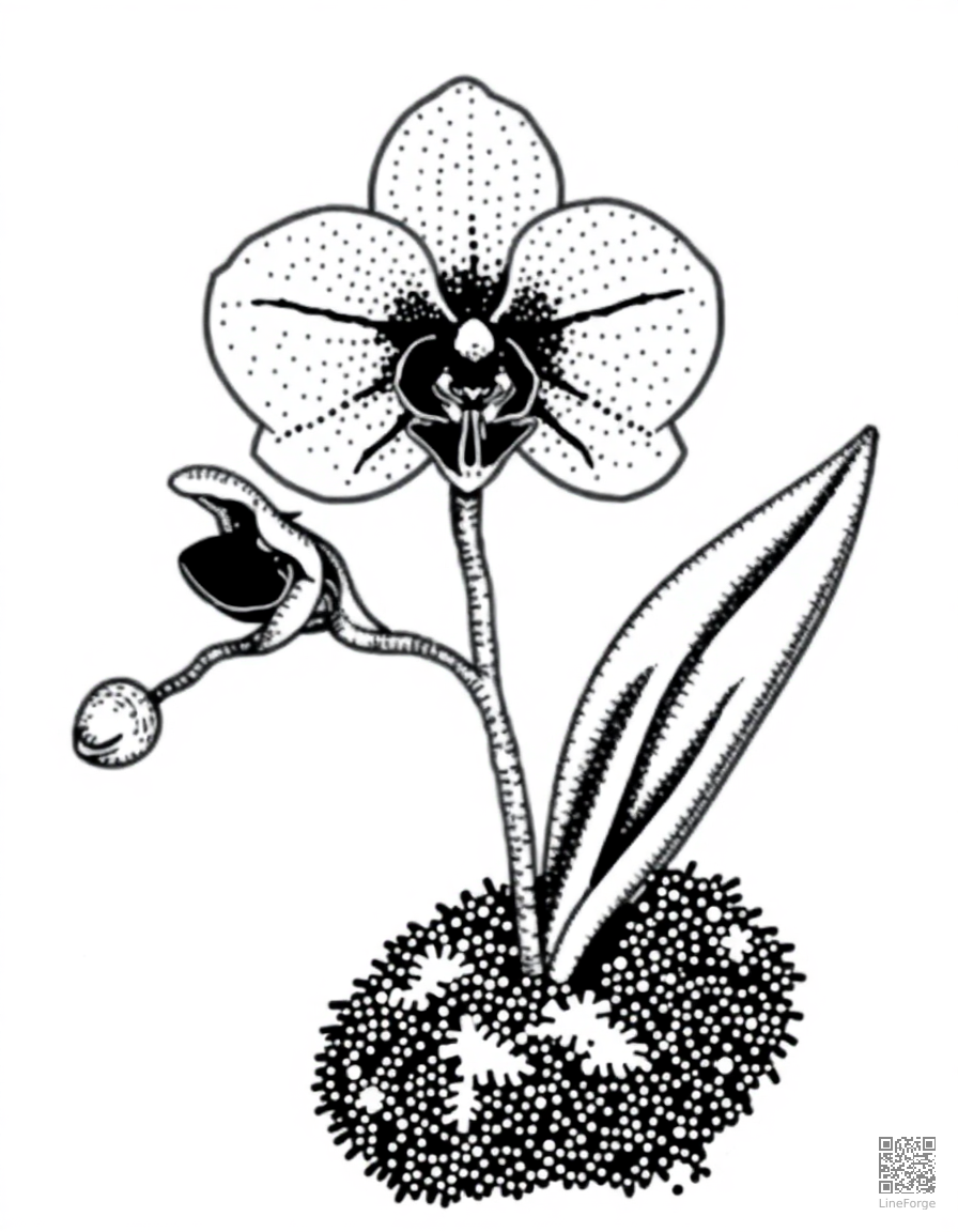 orchid growing on a mossy branch coloring page Stipple style - free printable