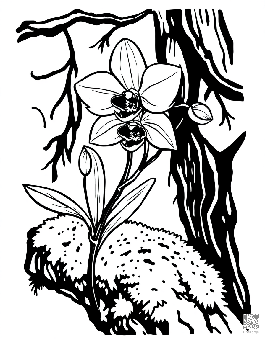 orchid growing on a mossy branch coloring page Woodcut style - free printable