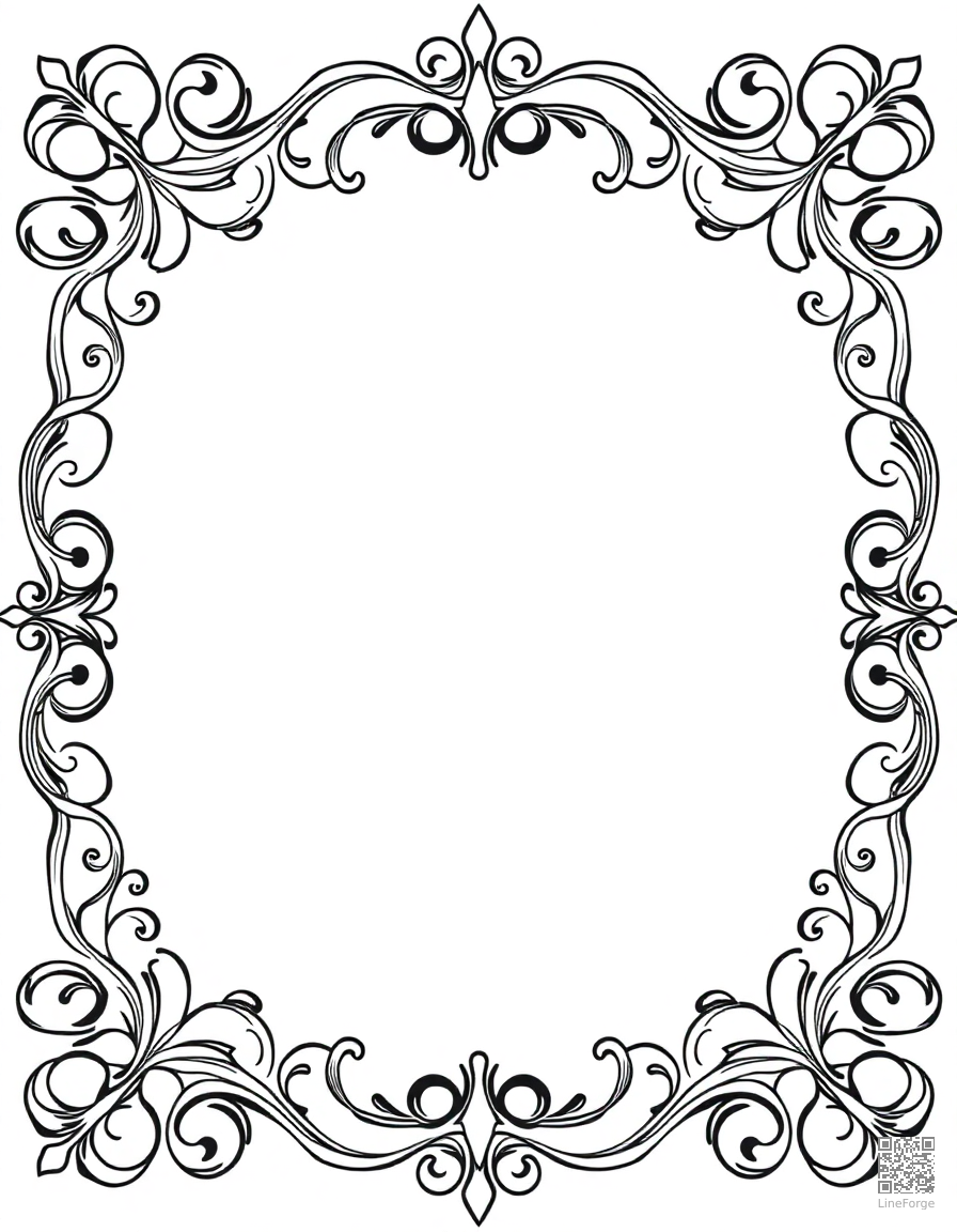 Free ornate frame border with scrollwork coloring page in contour style — printable line art