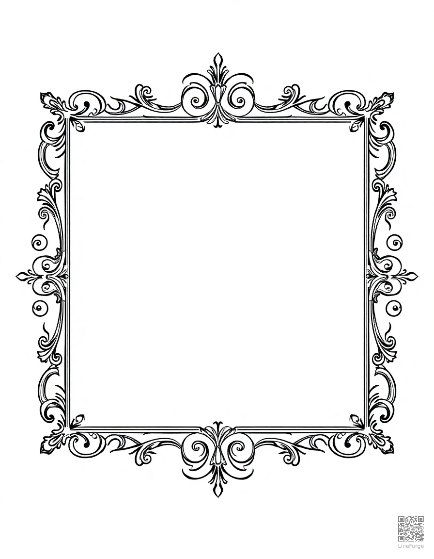 Free ornate frame border with scrollwork coloring page in manga style — printable line art
