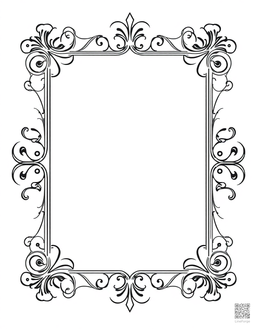 Free ornate frame border with scrollwork coloring page in minimal style — printable line art