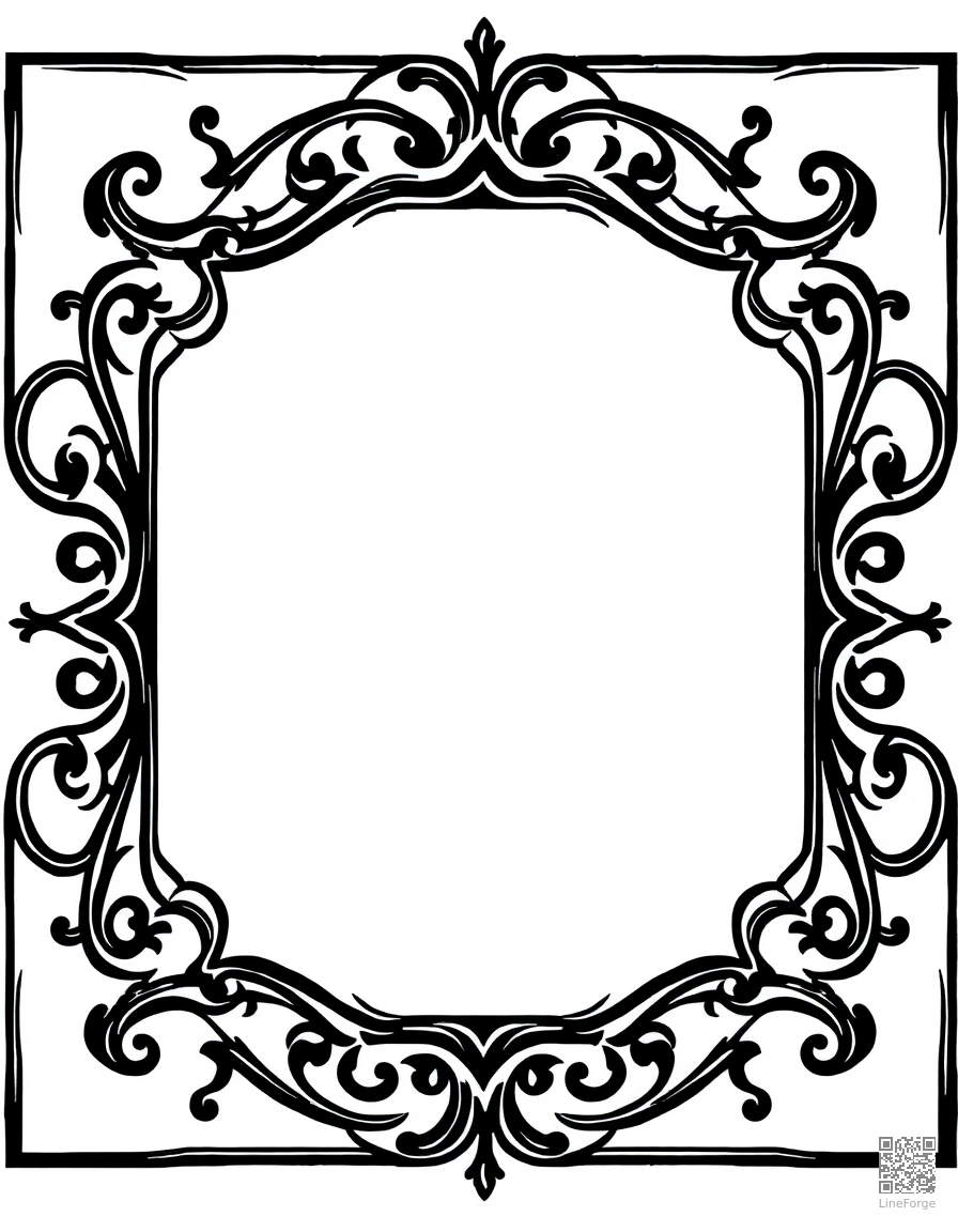 Free ornate frame border with scrollwork coloring page in woodcut style — printable line art