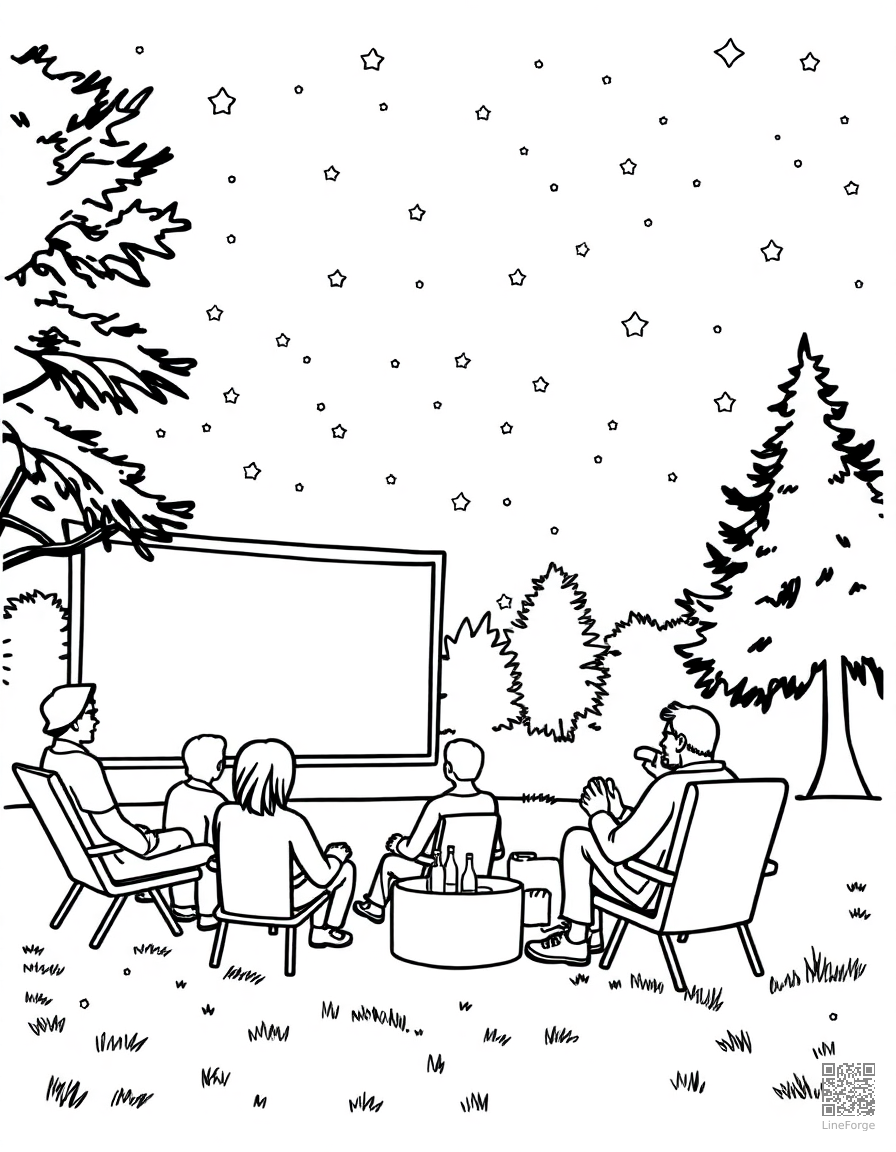 outdoor movie night under the stars coloring page Contour style - free printable