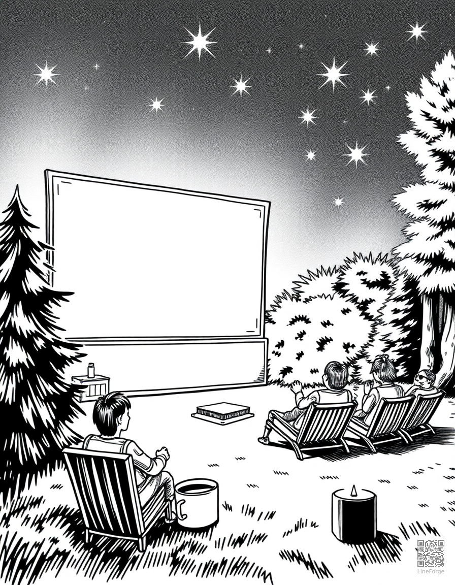 outdoor movie night under the stars coloring page Crosshatch style - free printable