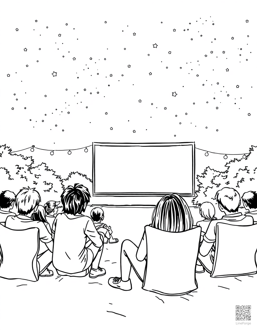outdoor movie night under the stars coloring page Manga style - free printable