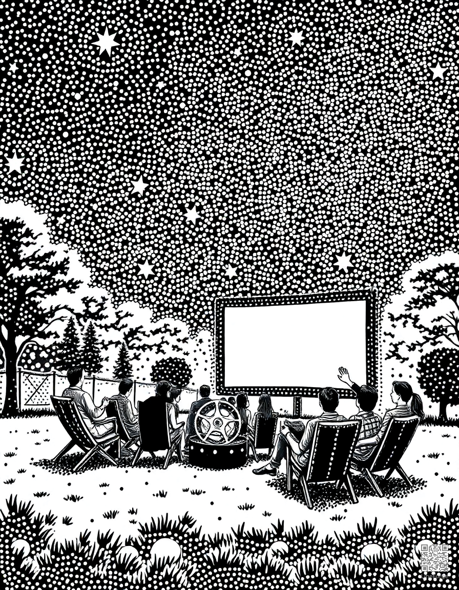 outdoor movie night under the stars coloring page Stipple style - free printable